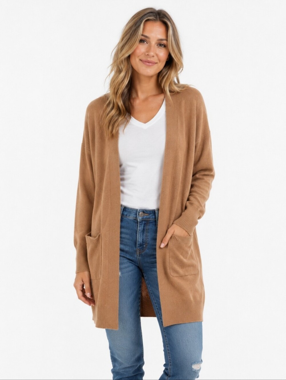 Express Factory Dark Camel Tan Open Front Long Cardigan - Size Small